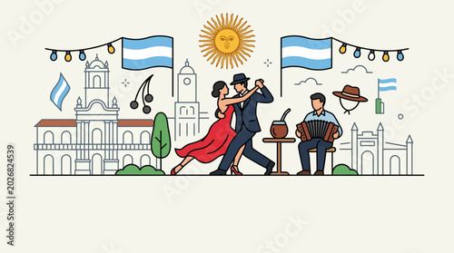 Fotografía Argentine culture celebration with tango dancers and accordion player illustration