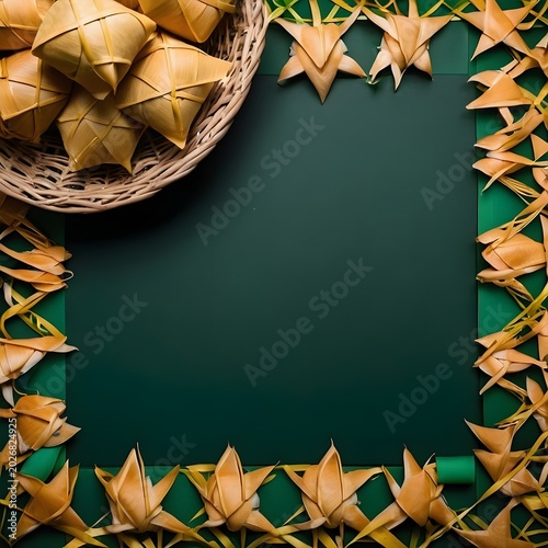 top view ketupat placed at corner, neutral background, minimal layout, center empty space for greeting text
