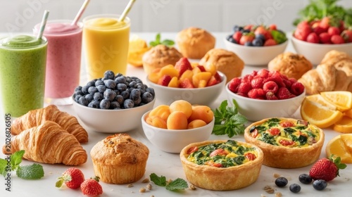Fresh healthy breakfast spread with variety of fruit smoothies, croissant, muffins, fresh berries, apricot, citrus slices, and vegetable quiche in bright kitchen setting