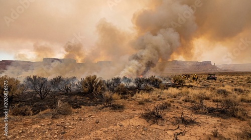 Burning bush on fire appears from Bible concept. A dramatic landscape depicting smoke from a wildfire.
