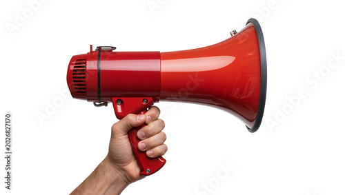 Photos Red megaphone held by a hand, isolated on transparent background