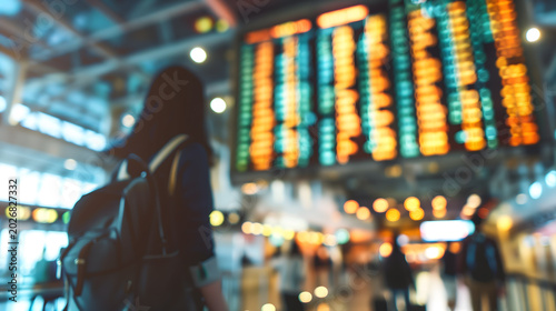 A detailed blurred shot from behind of a young woman traveler carrying a backpack and looking at a large glowing digital schedule departure board inside a busy modern international airport terminal.