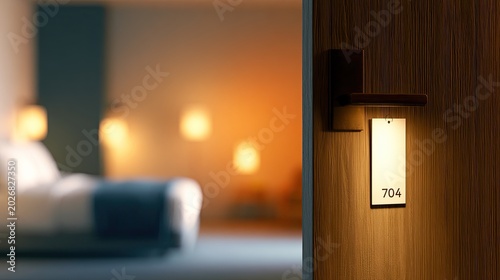 A hotel room door is ajar, revealing a cozy bedroom with warm lighting
