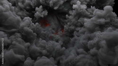 Dense gray smoke and fog swirling over a black backdrop with faint fire flickers, evoking a powerful and moody scene.