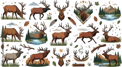 Canvas Print Majestic Deer and Elk Wildlife Cartoon Collection Vector Illustration Featuring