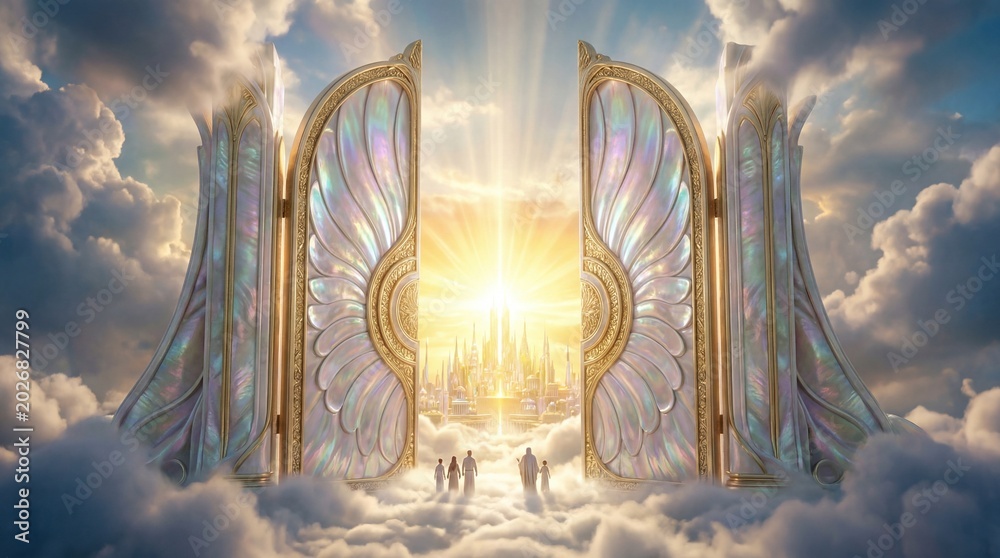 Fototapeta premium Pearly gates opening with brilliant light concept. A majestic gateway to a luminous sky filled with divine light.