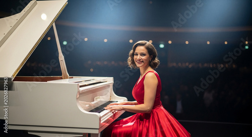 Talented musician performs on stage at a grand event in a vibrant red dress while playing a white piano under bright lights