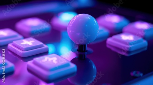 Close-up of illuminated arcade game joystick with glowing buttons surrounded by dark neon blue and purple lighting in futuristic gaming environment
