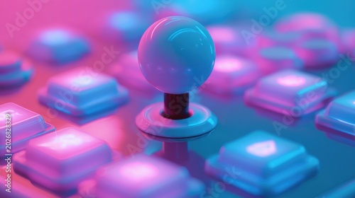 Close-up of white joystick and square button on arcade game machine illuminated with vibrant pink and blue neon light creating a futuristic gaming atmosphere