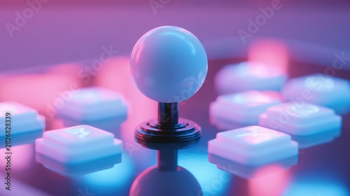 Close-up of white joystick controller on illuminated gamepad with blue buttons on reflective surface with pastel neon lighting background and futuristic design