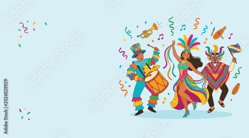 Bild auf Leinwand Carnival dancers and musicians celebrating in vibrant traditional costumes