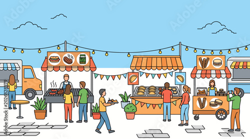 Fotografía Cartoon Illustration of People at Food Stalls and Street Market Fair