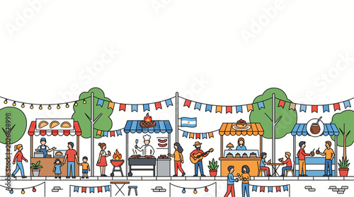 Foto Cartoon street food festival market stalls with people and bunting