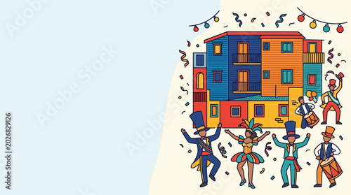 Bild auf Leinwand Colorful Carnival Celebration Illustration Featuring Dancers and Musicians in Front of La Boca Buildings