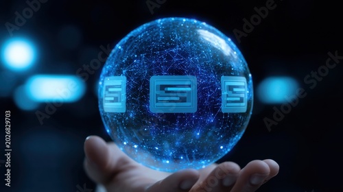 Futuristic digital globe with glowing network connections and blue technological data symbols floating above open human hand in dark space background