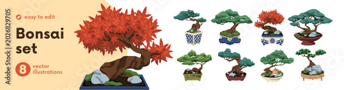 Bonsai, traditional Asian trees in pots set. Japanese mini garden, zen nature...