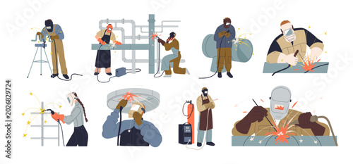 Welders work with iron set. Industrial workers in masks welding metal pipes, steel pipelines. Fixing, building, repairing, metalworking. Flat graphic vector illustrations isolated on white background