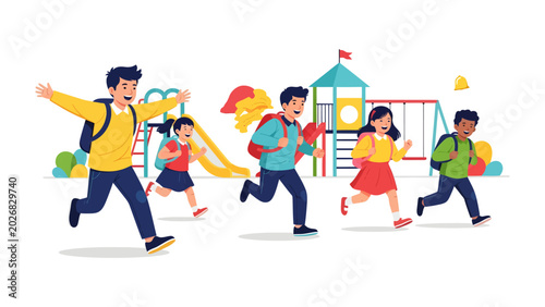 Canvas Print Back to School Excitement: A group of diverse children, backpacks on, exuberantly run towards their playground on the first day of school, embodying the thrill of learning and new beginnings