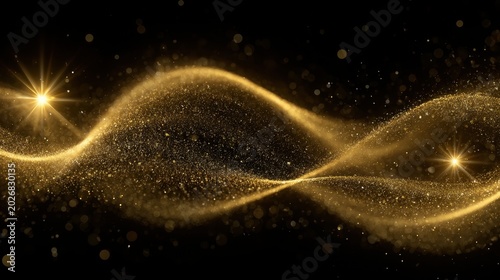 Abstract golden wave with sparkling particles glowing bright flowing smoothly on black background for luxury design and elegant festive decoration