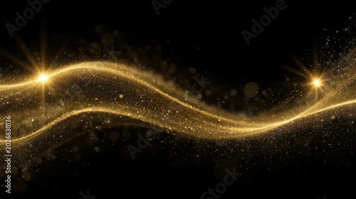 Abstract golden wave with sparkling particles glowing lights on black background for luxury festive elegant decoration and celebration design