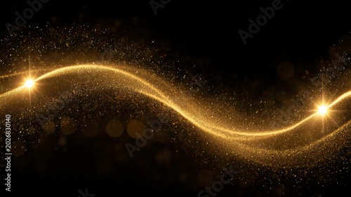 Shimmering golden wave light trail with sparkling dust particles glowing against dark background for luxury magic concept