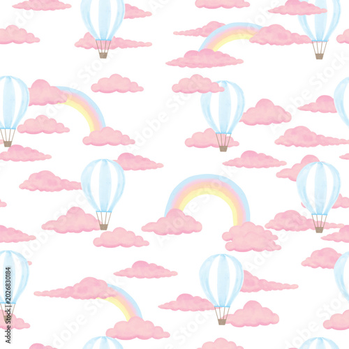 Seamless pattern with whimsical hot air balloons, soft pink watercolor clouds, and pastel rainbows on a white background, perfect for children's designs.