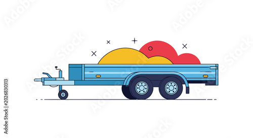Blue flatbed trailer carrying a cargo of yellow and red rounded materials representing sand or construction soil.