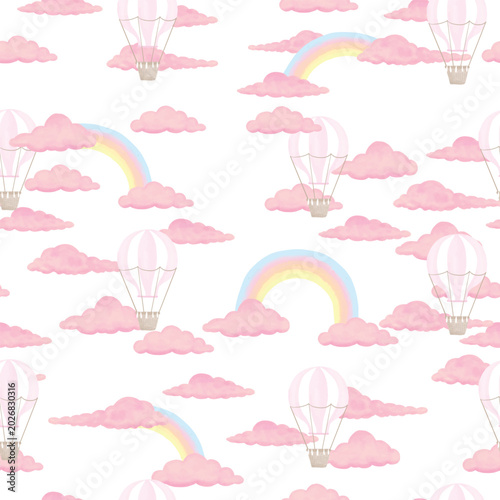 Seamless pattern featuring whimsical pink hot air balloons floating among soft pastel clouds and colorful rainbows on a clean white background, perfect for children's designs.