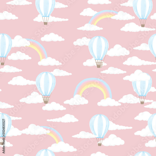 Seamless pattern of light blue hot air balloons, fluffy white clouds, and pastel rainbows on a soft pink background, creating a whimsical and dreamy design.