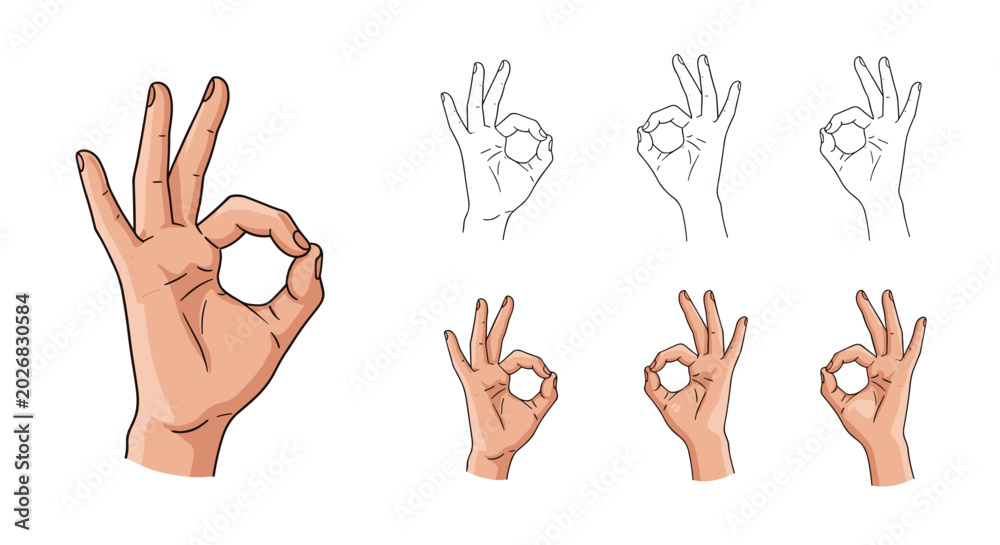 Obraz premium Human hand showing ok gesture in different artistic styles from realistic color to simple line art and silhouettes.