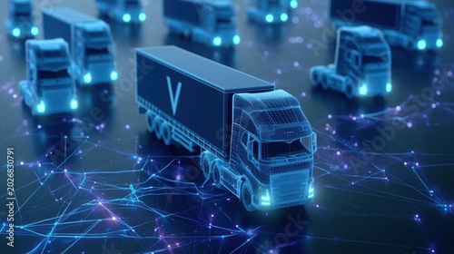 Digital network visualization of autonomous delivery truck fleet connected by data flow technology in futuristic smart transportation system