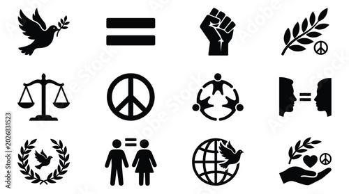 Foto Silhouette icons promoting equality peace justice and unity with symbols of dove