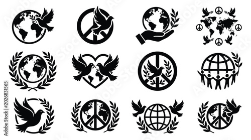 Bild auf Leinwand Silhouette collection of global peace symbols featuring doves peace signs and wo