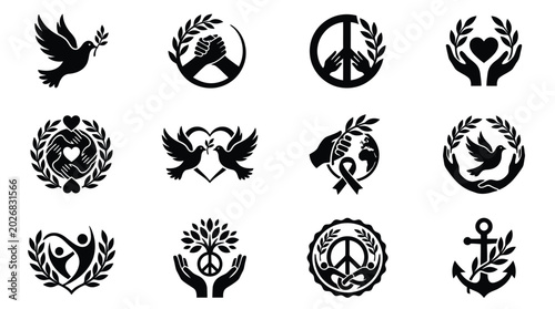Cuadro en lienzo Collection of peace and harmony symbol logos featuring doves hands hearts and gl