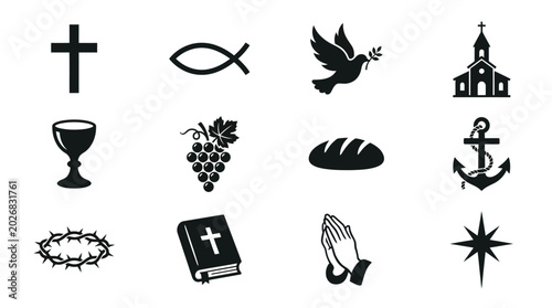 Foto Christian religious symbols collection featuring cross fish dove church chalice