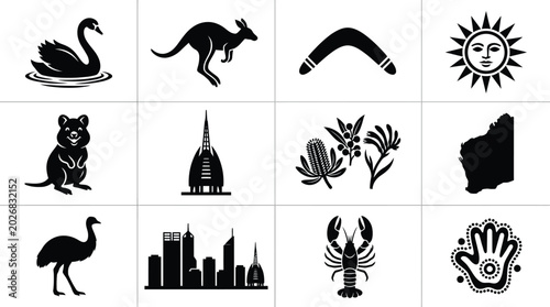 Tableau sur toile Black and white symbols of western australia day icons including a swan kangaroo