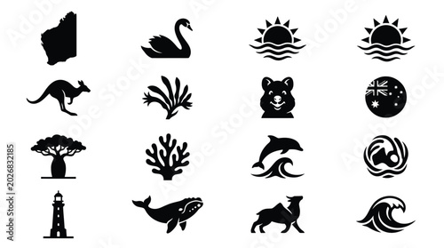 Billede på lærred Black silhouettes of western australia symbols including wildlife nature and lan