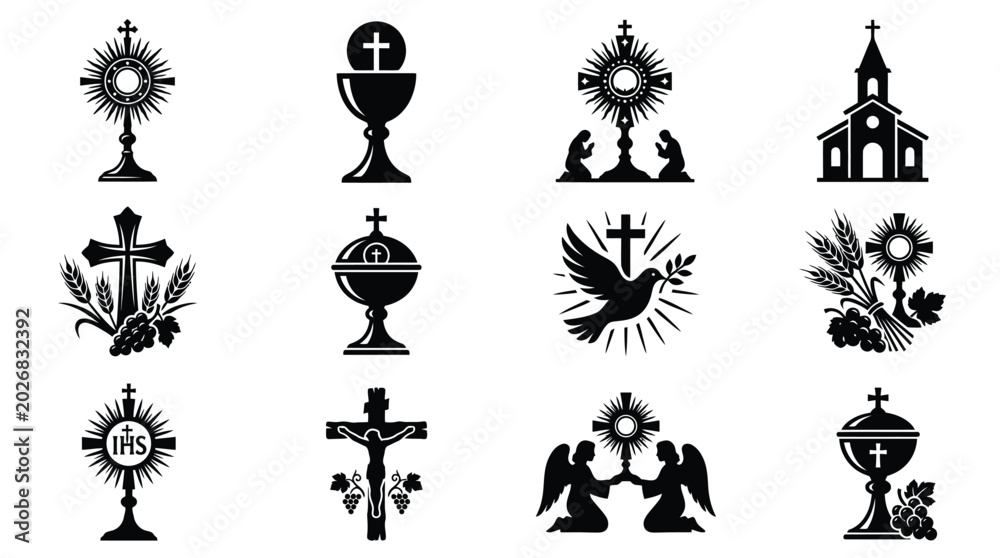 Obraz premium Black silhouette icons of christian symbols including crosses chalices dove angels and church building