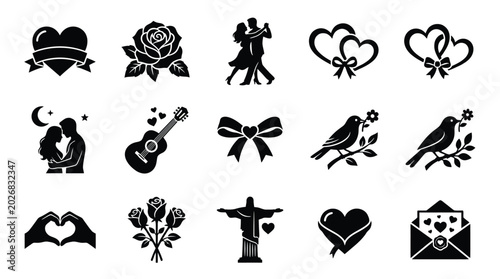 Foto Romantic black and white icons featuring hearts roses birds couples dancing and