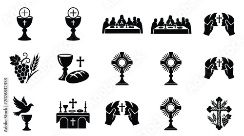 Cuadro en lienzo Black and white christian eucharist icons featuring chalice bread grapes dove al