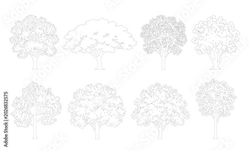 Fotografi CAD line art round dome and bushy canopy tree side view elevation set, outline dense foliage deciduous tree symbols for architectural landscape design plans