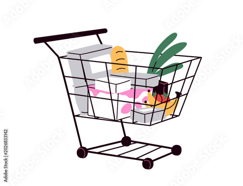 Shopping cart full of food products. Supermarket trolley on wheels. Pushcart ...