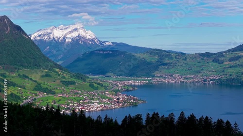 lake lucerne in switzerland with swiss town and mount pilatus in the background