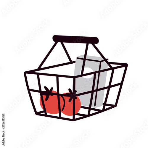 Hand basket with tomatoes inside. Shopping container with groceries, healthy ...