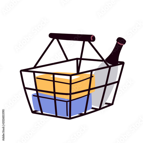 Hand basket with boxes and alcohol drink bottle. Shopping container filled wi...