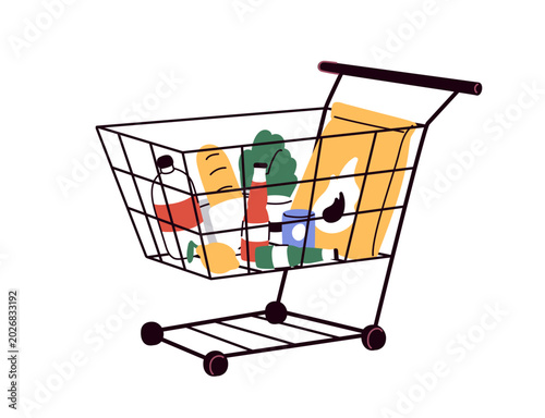 Shopping cart with food products for BBQ picnic, outdoor summer party. Superm...
