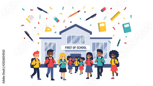 Tableau sur toile Back to School Celebration: Diverse children with backpacks joyfully approach a school building adorned with confetti and school supplies, signifying the start of a new academic year