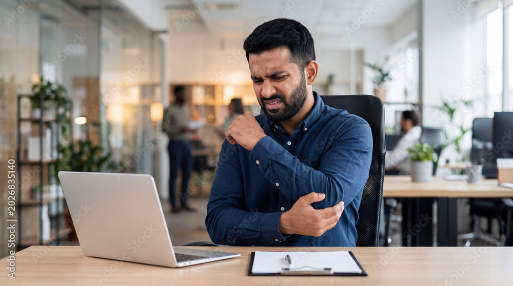 Obraz premium Worker experiences pain while working at desk in modern office during midday, seeking relief from discomfort