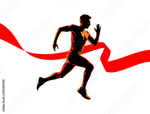 Running Athlete Silhouette with Red Ribbon, Speed and Fitness Concept
