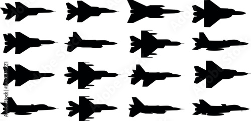 Schilderij op canvas Set of military fighter jet silhouettes including supersonic interceptors stealt